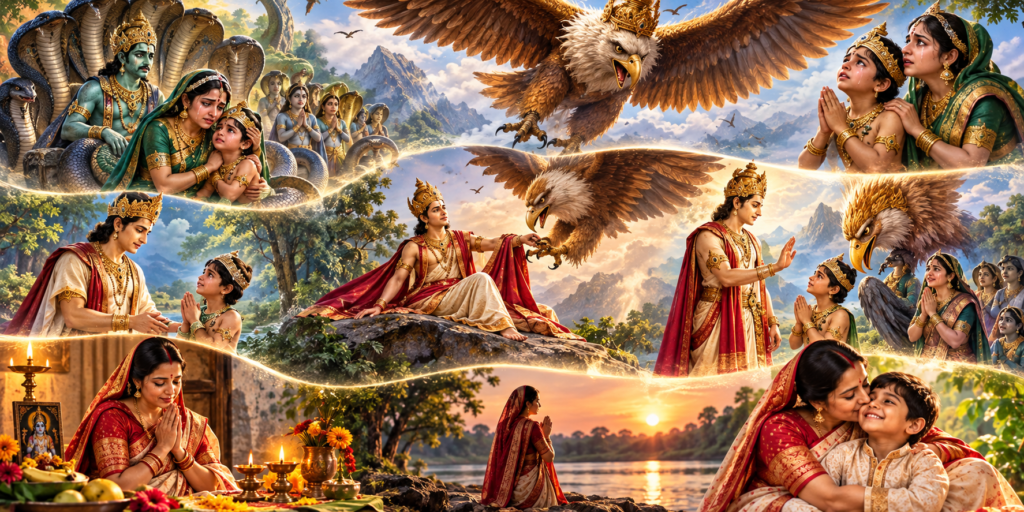 Jitiya Vrat story depicting Jimutavahana, Garuda and Shankhachuda in a traditional Hindu mythological scene