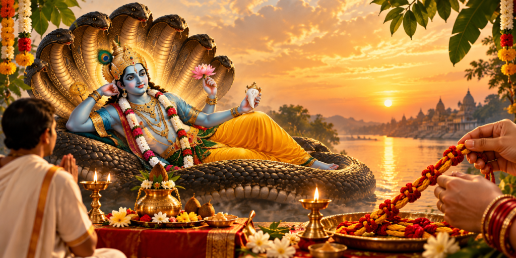 Lord Vishnu on Ananta Shesha during Anant Chaturdashi worship