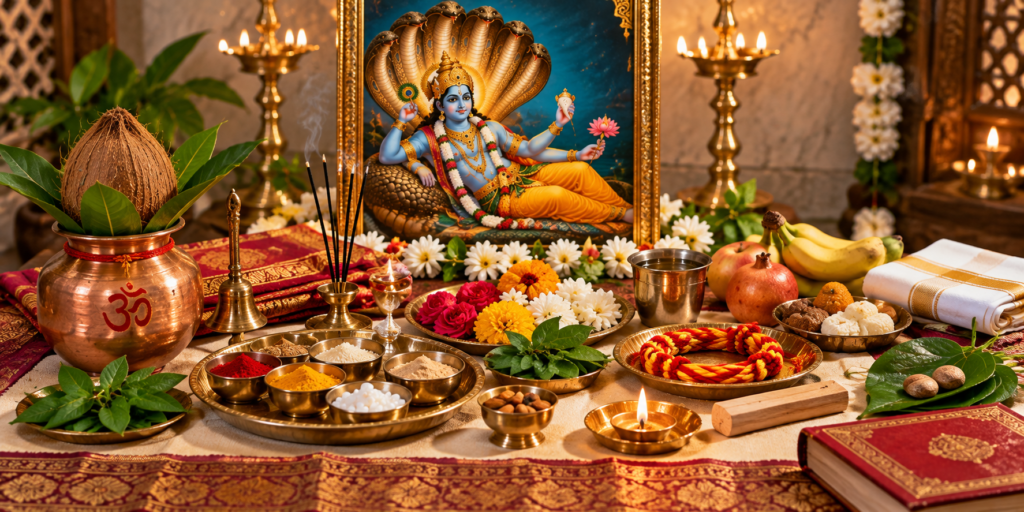Anant Chaturdashi puja samagri including Anant Sutra, kalash, flowers and offerings