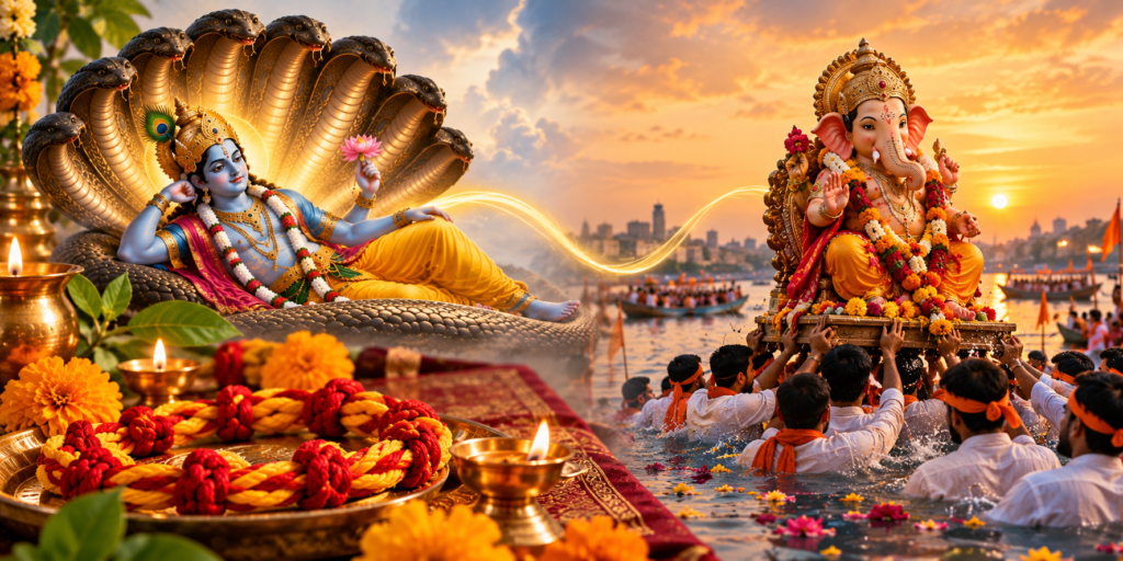 Anant Chaturdashi and Ganesh Visarjan shown together in a devotional festival scene
