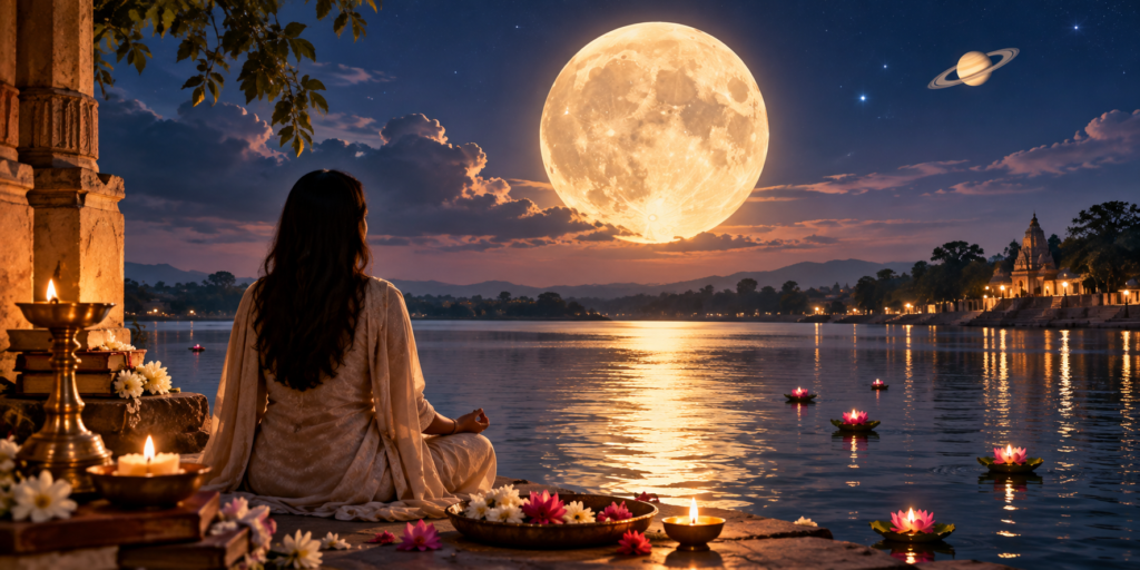 September 26 2026 Full Moon shining over a peaceful river with a woman meditating