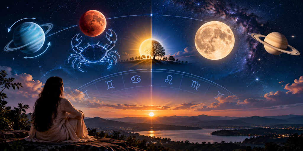 September 2026 astrology sky showing Mars, Cancer, Jupiter, Moon and zodiac symbols