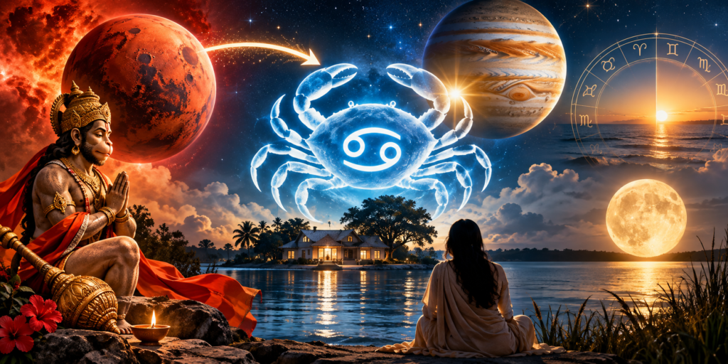 Mars entering Cancer in September 2026 with zodiac symbols, Jupiter and a spiritual night sky