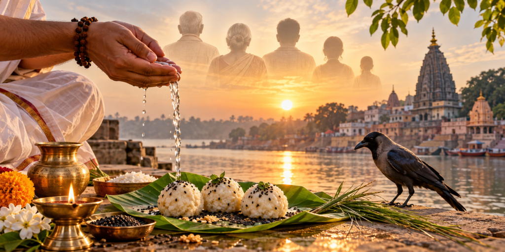 Pitru Paksha 2026 Shraddha ritual with Tarpan and Pind Daan at a sacred river ghat
