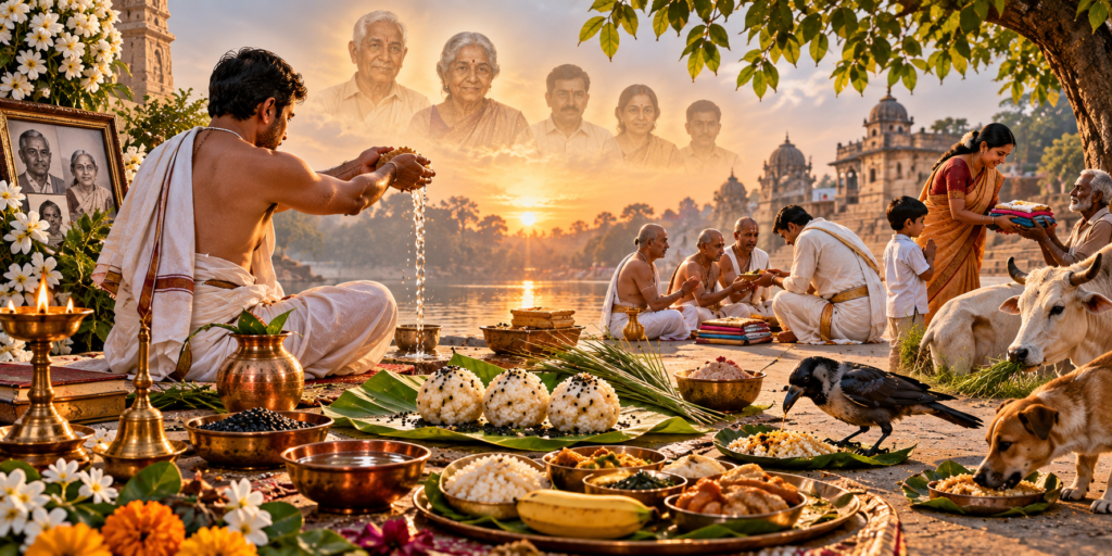 Main Pitru Paksha rituals including Shraddha, Tarpan, Pind Daan, charity and food offerings