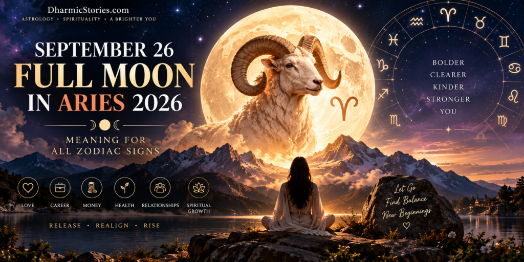 September 26 Full Moon in Aries 2026 with a glowing full moon, Aries ram and zodiac wheel