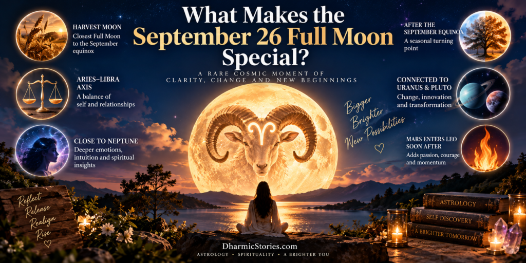 September 26 Full Moon 2026 with Aries-Libra axis, Harvest Moon, Neptune, Uranus and Pluto astrology themes