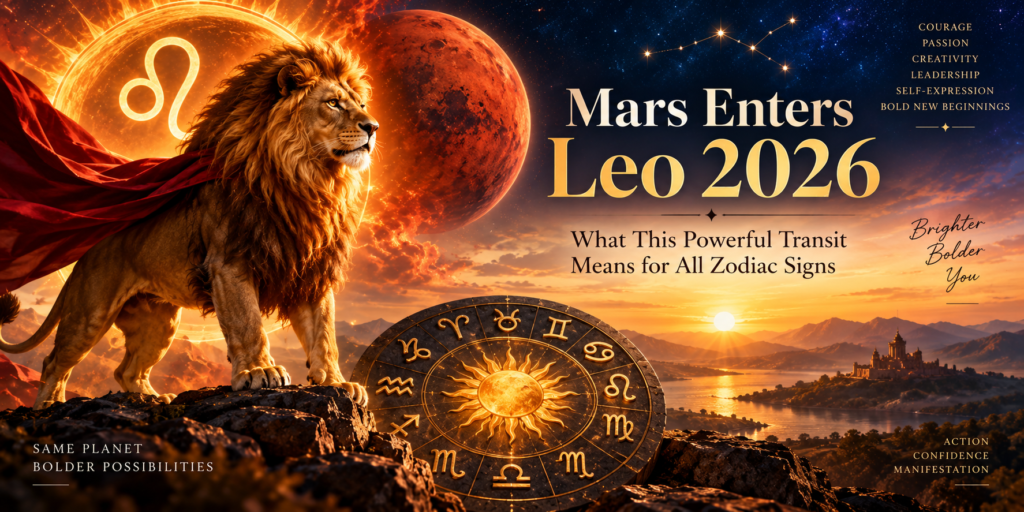 Mars entering Leo in 2026 with a golden lion, red planet Mars and zodiac symbols
