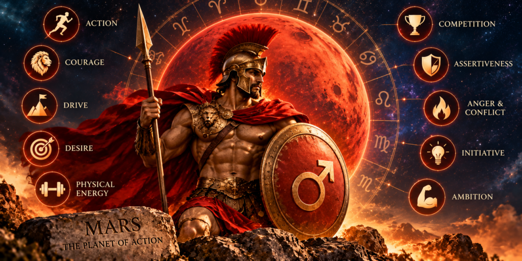 Mars represented as a warrior planet with symbols of action, courage, desire and ambition