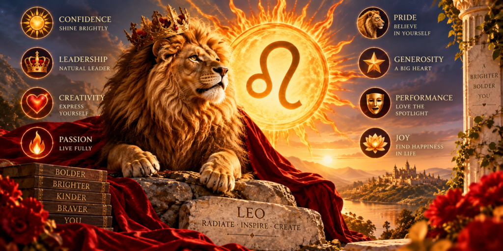 Golden lion and Leo zodiac symbol representing confidence, creativity, leadership and passion