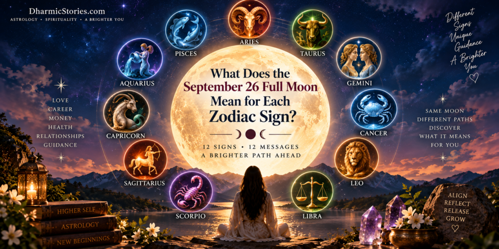 September 26 Full Moon 2026 meaning for all zodiac signs with a glowing Moon and zodiac wheel