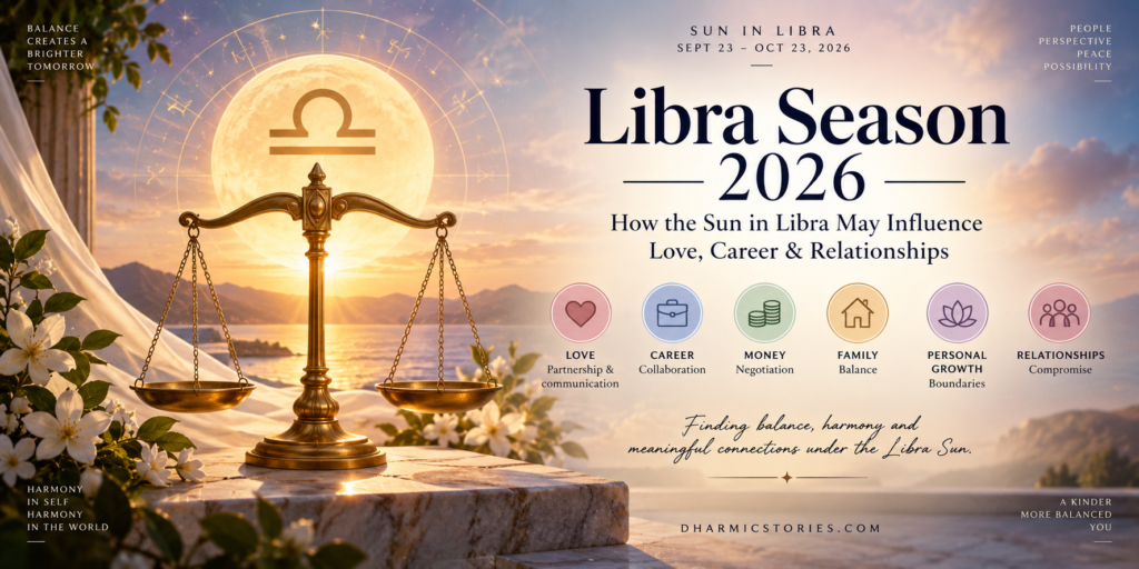 Libra Season 2026 with golden scales, zodiac symbols and themes of love, career and relationships