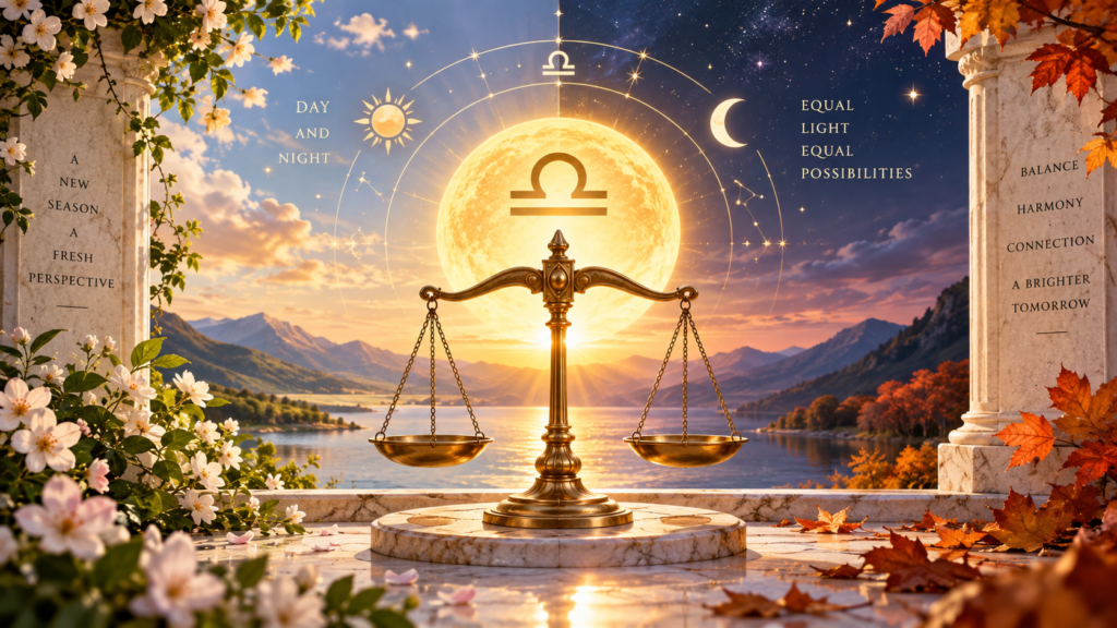 Golden Libra scales beneath the Sun symbolizing Libra Season 2026 and the September equinox