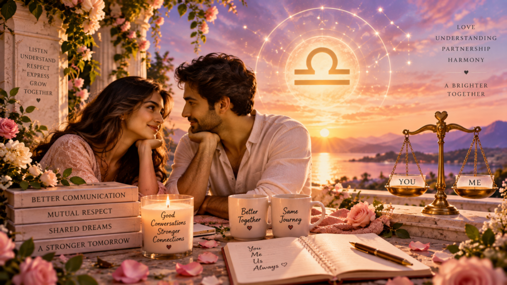 Couple connecting under the Libra zodiac symbol during Libra Season 2026