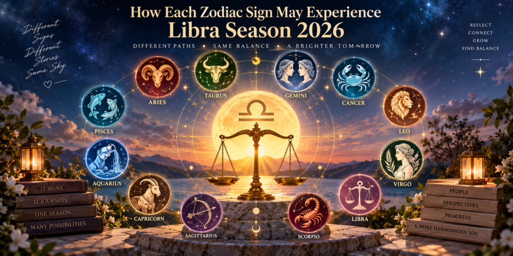 All 12 zodiac signs surrounding golden Libra scales during Libra Season 2026