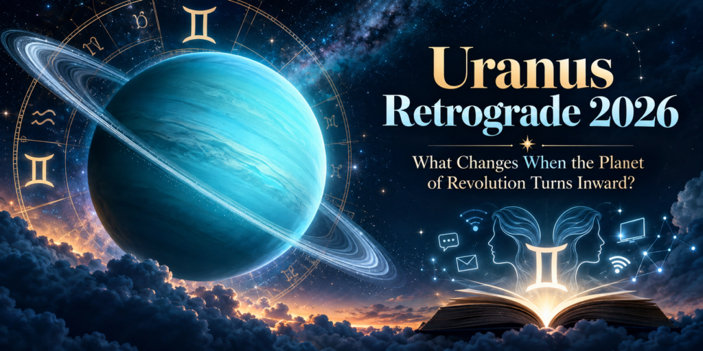 Uranus Retrograde 2026 with a glowing Uranus planet, Gemini symbol, zodiac wheel and cosmic sky