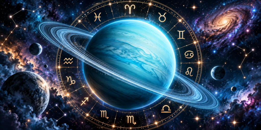 Uranus planet surrounded by a zodiac wheel and astrological symbols in deep space