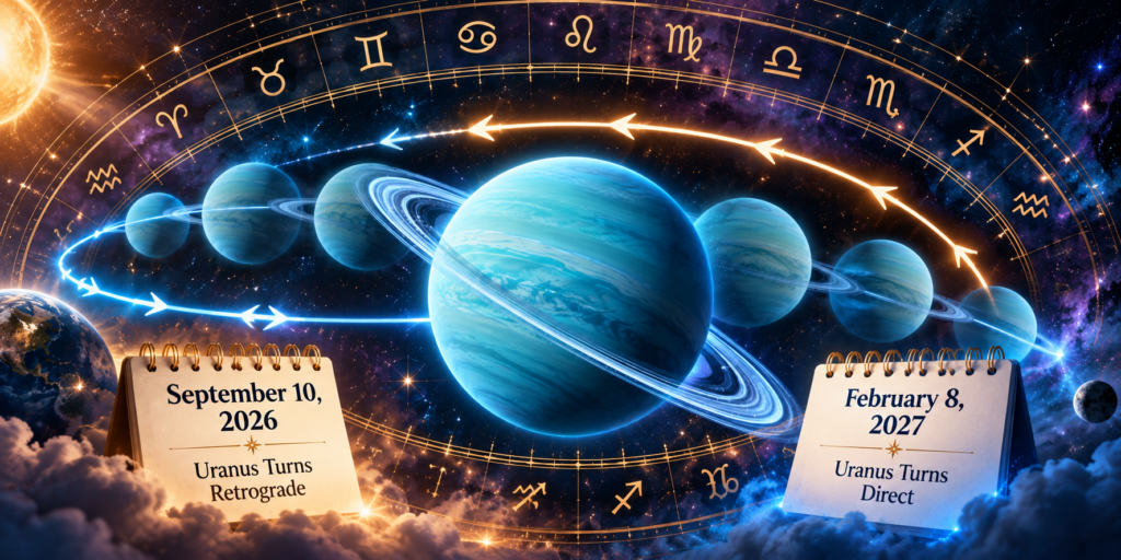 Uranus retrograde path with zodiac wheel and September 10 2026 and February 8 2027 dates