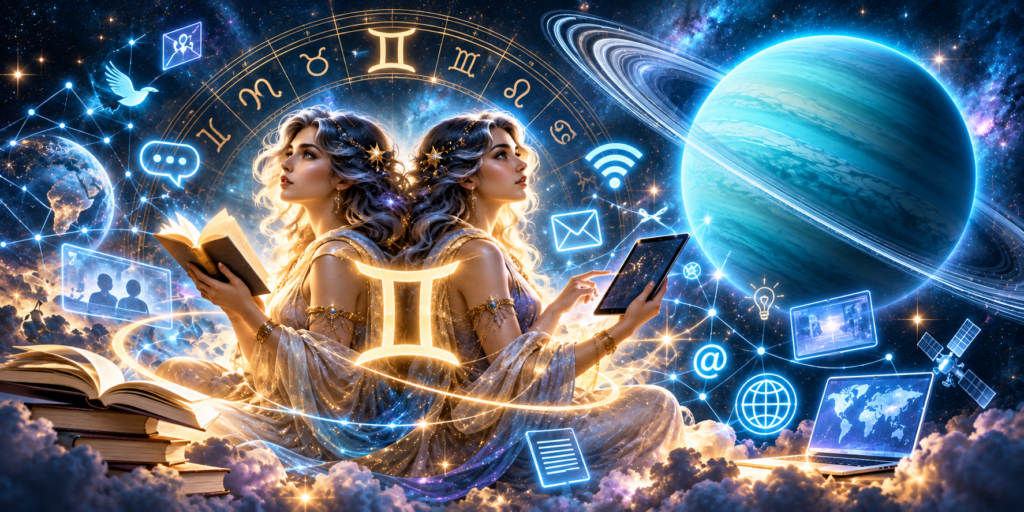 Gemini twins surrounded by communication symbols, technology networks and Uranus in space