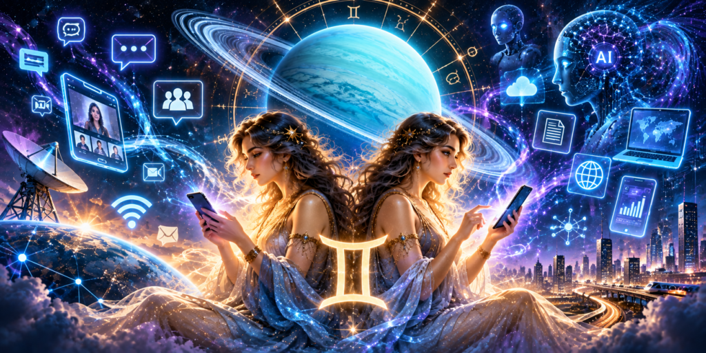 Gemini twins using smartphones surrounded by AI, communication networks and digital technology