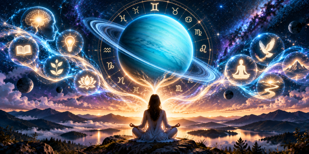 Person meditating beneath Uranus and a star-filled sky with glowing symbols of spiritual insight