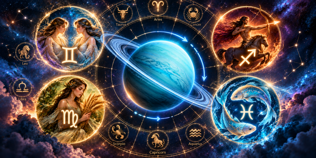 Gemini Sagittarius Virgo and Pisces highlighted around Uranus in a cosmic zodiac wheel