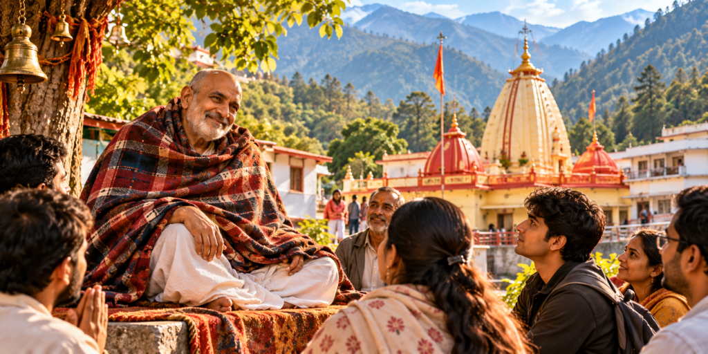 Neem Karoli Baba at Kainchi Dham surrounded by devotees
