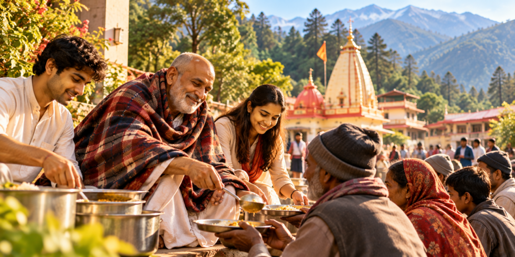 Neem Karoli Baba serving food to devotees at a Himalayan temple